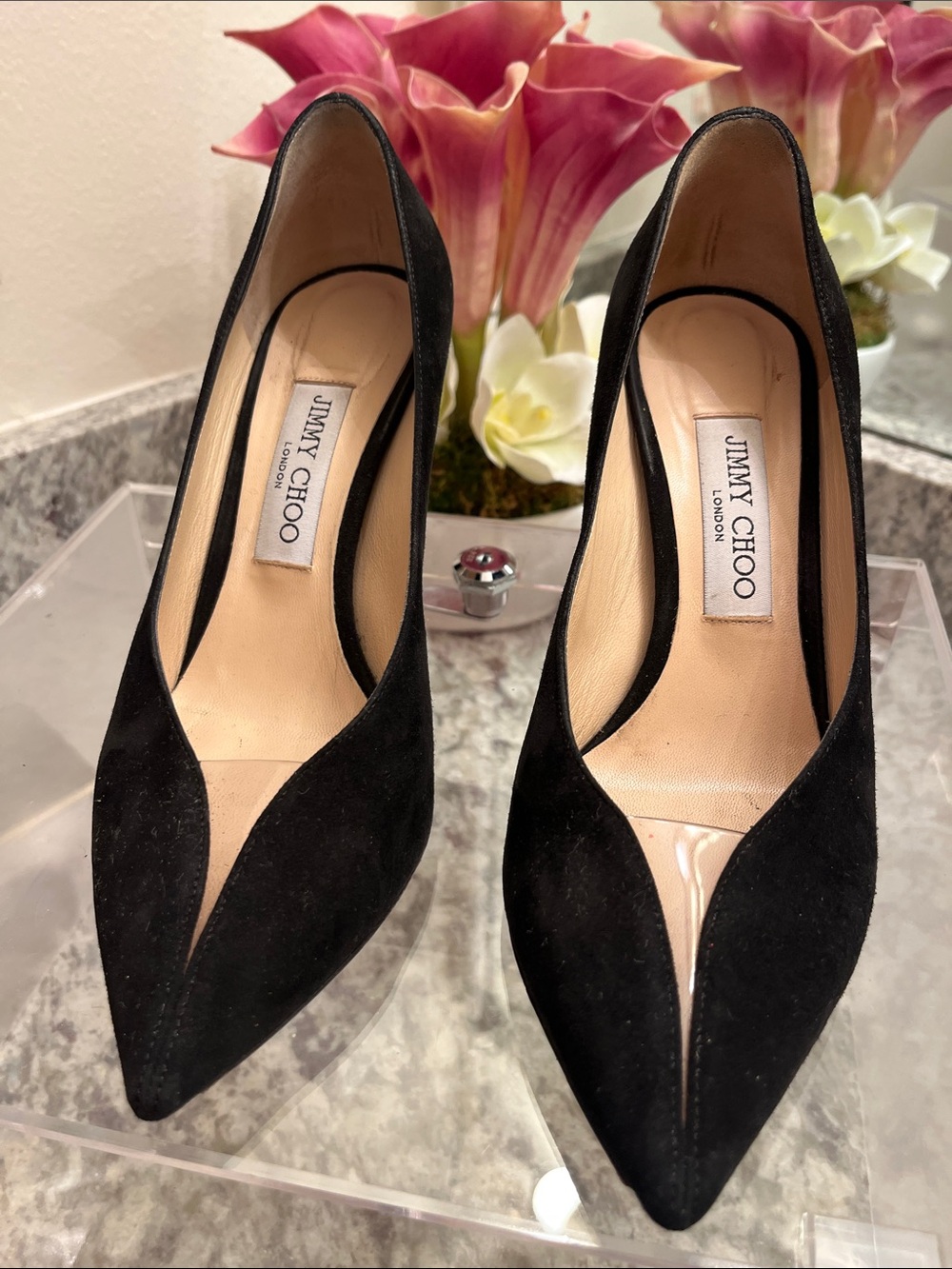 Jimmy Choo Black Suede Pointed Pumps with V-Cut